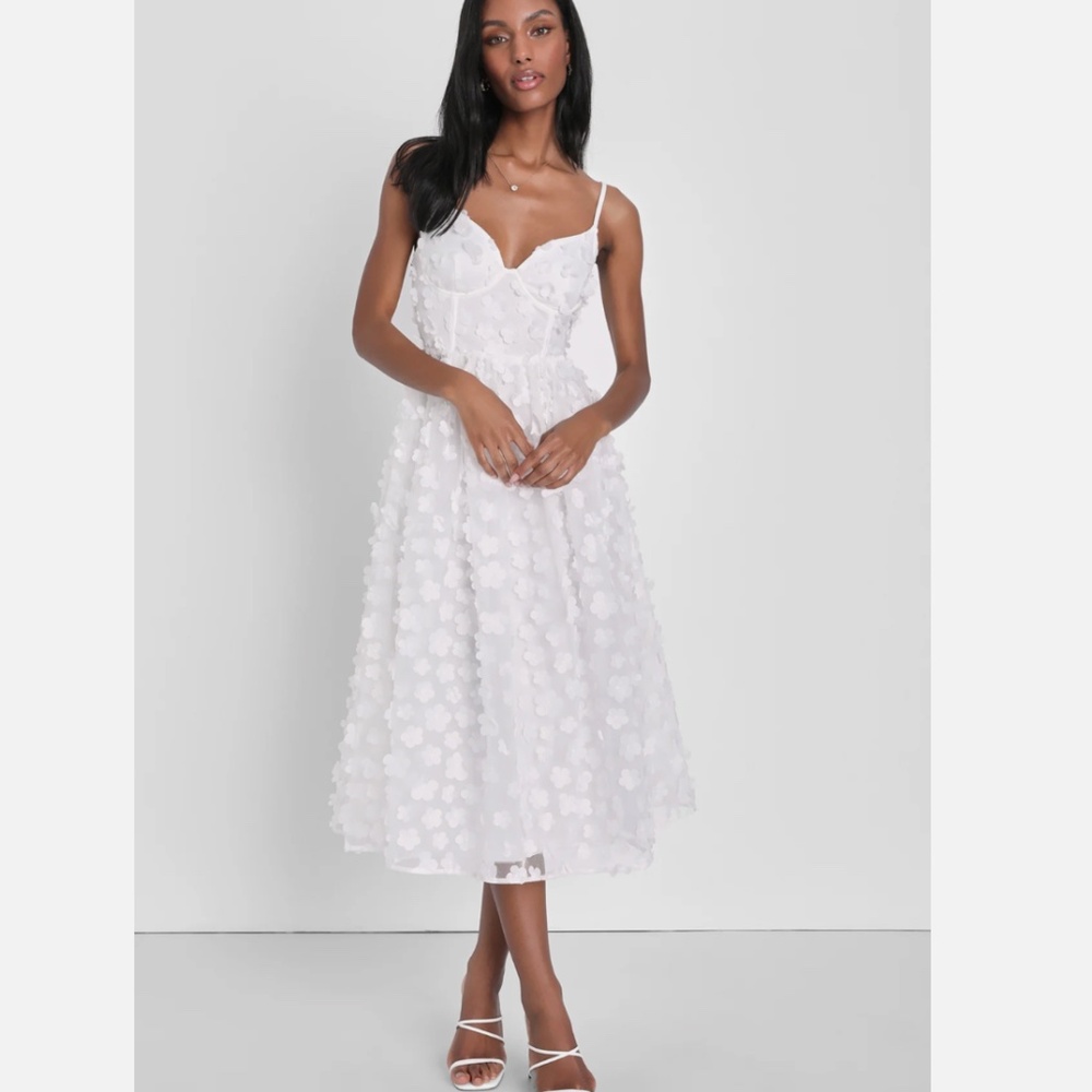 LULUS Whimsical Wishes White 3D Floral Bustier Midi Dress Size S